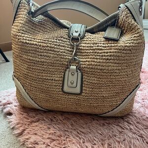 Coach Dog Leash Tan and Cream Woven Straw Hobo Bag XL